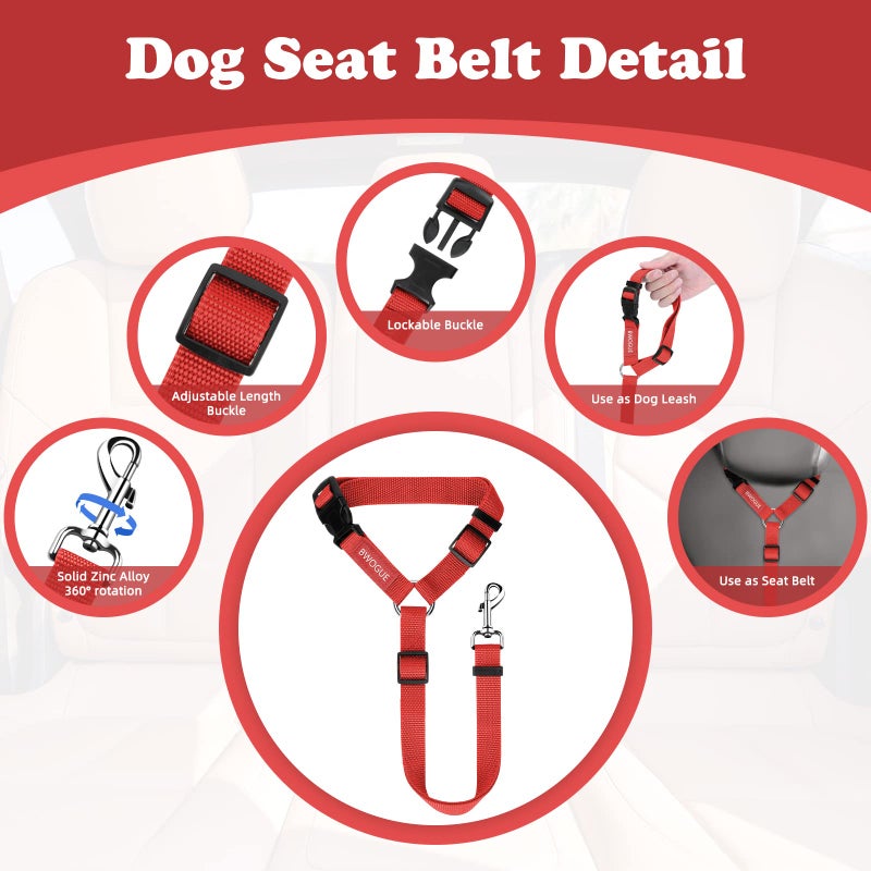 BWOGUE 2 Packs Dog Cat Safety Seat Belt Strap Car Headrest Restraint Adjustable Nylon Fabric Dog Restraints Vehicle Seatbelts Harness Red - Image 3
